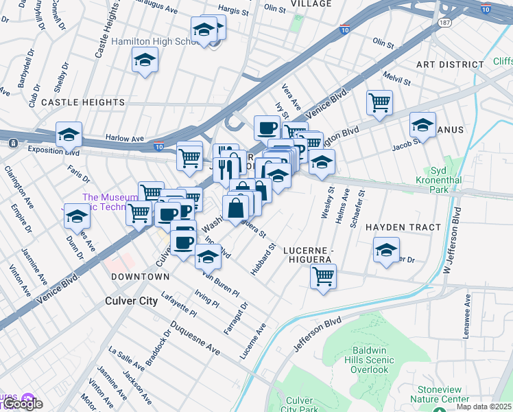 map of restaurants, bars, coffee shops, grocery stores, and more near 8925 Lindblade Street in Culver City