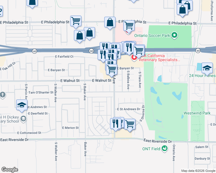 map of restaurants, bars, coffee shops, grocery stores, and more near 2626 South San Diego Avenue in Ontario
