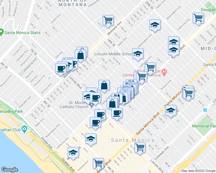 map of restaurants, bars, coffee shops, grocery stores, and more near 1027 10th Street in Santa Monica