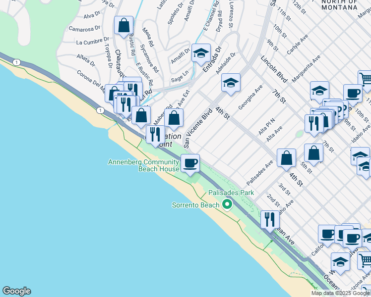 map of restaurants, bars, coffee shops, grocery stores, and more near 2 San Vicente Boulevard in Santa Monica
