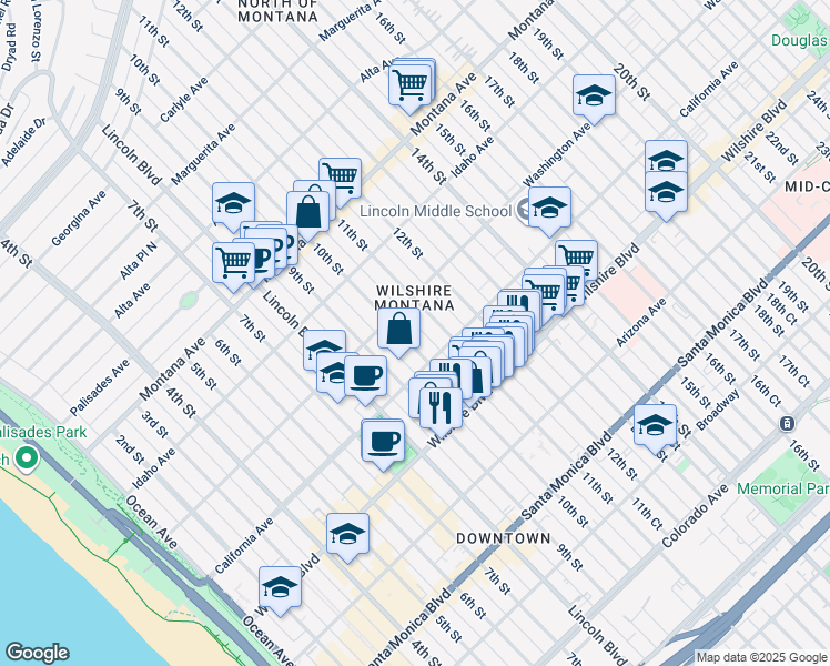 map of restaurants, bars, coffee shops, grocery stores, and more near 1027 10th Street in Santa Monica