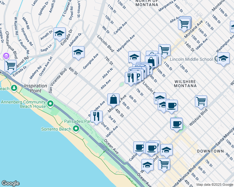 map of restaurants, bars, coffee shops, grocery stores, and more near 506 Palisades Avenue in Santa Monica