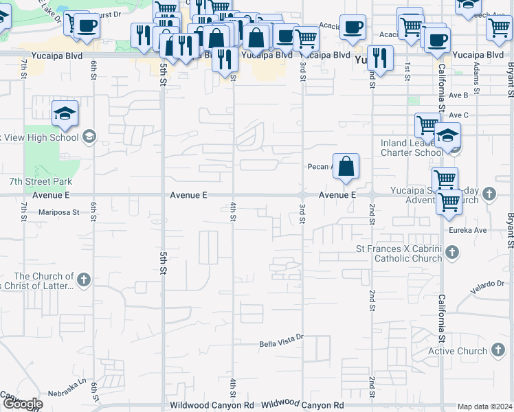 map of restaurants, bars, coffee shops, grocery stores, and more near 33575 #2 Yucaipa Boulevard in Yucaipa