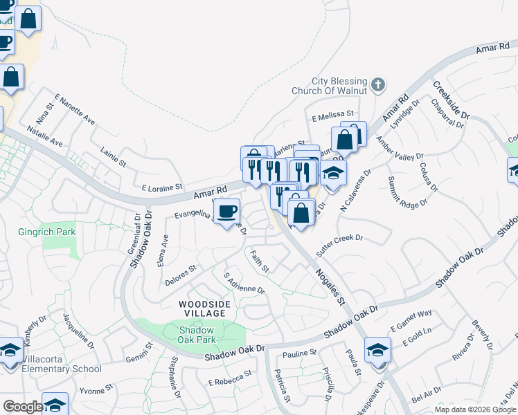 map of restaurants, bars, coffee shops, grocery stores, and more near 2243 Calle Taxco in West Covina