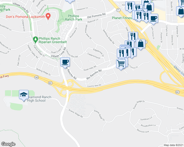 map of restaurants, bars, coffee shops, grocery stores, and more near 49 Rio Rancho Road in Pomona
