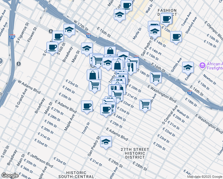 map of restaurants, bars, coffee shops, grocery stores, and more near 2115 Adair Street in Los Angeles