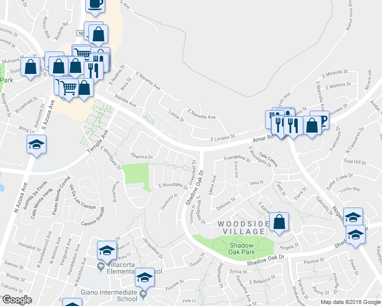 map of restaurants, bars, coffee shops, grocery stores, and more near 1957 Greenleaf Drive in West Covina