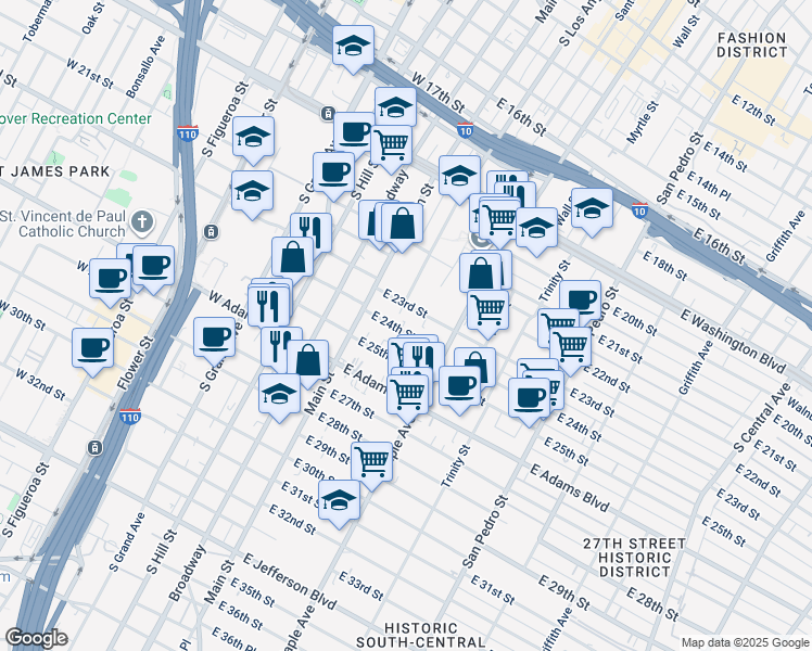 map of restaurants, bars, coffee shops, grocery stores, and more near 211 East 24th Street in Los Angeles
