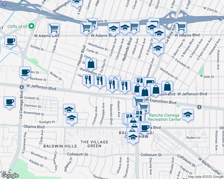 map of restaurants, bars, coffee shops, grocery stores, and more near 2933 Redondo Boulevard in Los Angeles