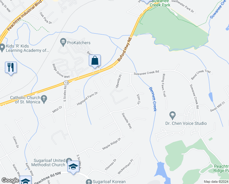 map of restaurants, bars, coffee shops, grocery stores, and more near 3787 Idlewild Place in Suwanee