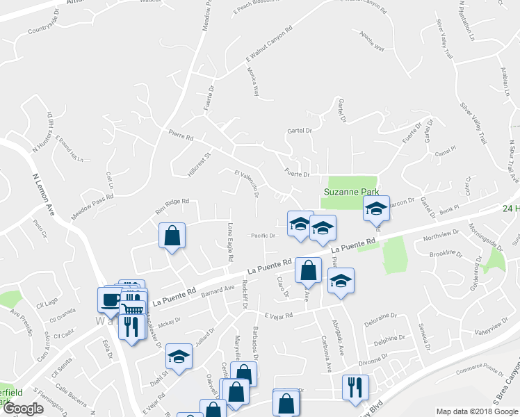 map of restaurants, bars, coffee shops, grocery stores, and more near 618 El Vallencito Drive in Walnut