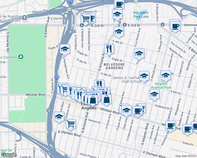 map of restaurants, bars, coffee shops, grocery stores, and more near 628 South Arizona Avenue in East Los Angeles