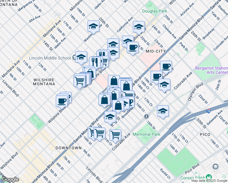 map of restaurants, bars, coffee shops, grocery stores, and more near 1328 15th Court in Santa Monica