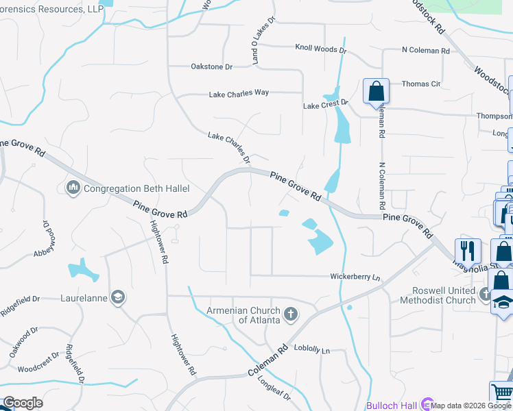 map of restaurants, bars, coffee shops, grocery stores, and more near 165 Pineridge Way in Roswell
