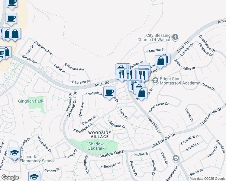 map of restaurants, bars, coffee shops, grocery stores, and more near 2204 Paseo Tepic in West Covina