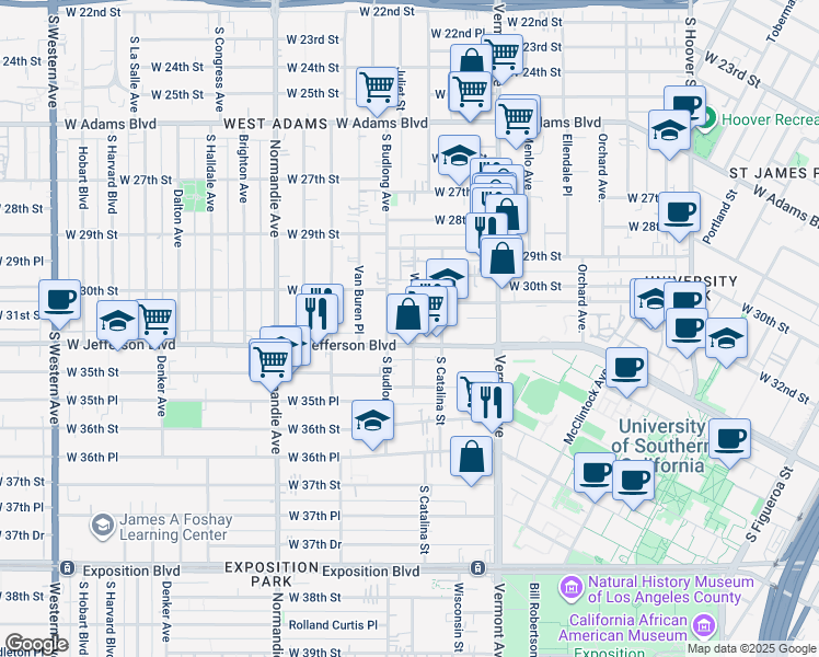 map of restaurants, bars, coffee shops, grocery stores, and more near 3112 Walton Avenue in Los Angeles