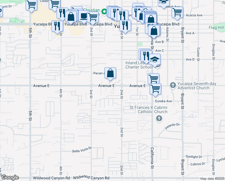 map of restaurants, bars, coffee shops, grocery stores, and more near 34855 Avenue E in Yucaipa