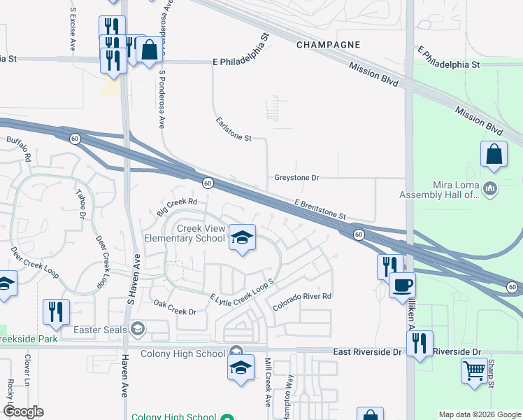 map of restaurants, bars, coffee shops, grocery stores, and more near 2602 Eel River Place in Ontario