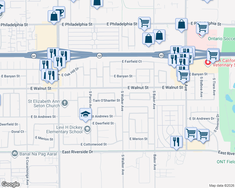 map of restaurants, bars, coffee shops, grocery stores, and more near 2620 South Lassen Avenue in Ontario