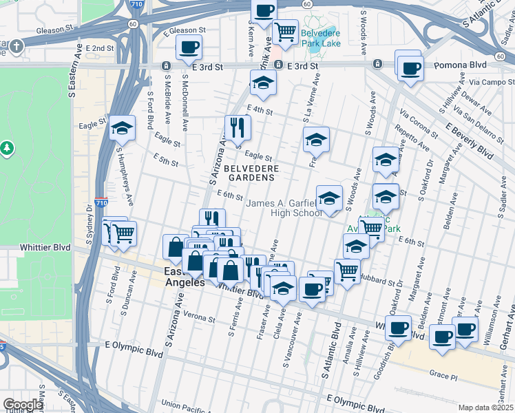 map of restaurants, bars, coffee shops, grocery stores, and more near 611 South Ferris Avenue in East Los Angeles