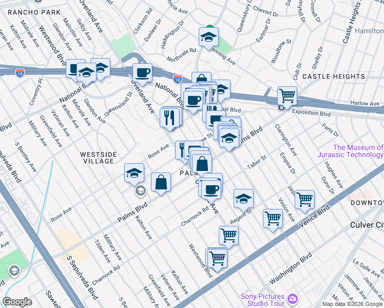 map of restaurants, bars, coffee shops, grocery stores, and more near 3410 Overland Avenue in Los Angeles
