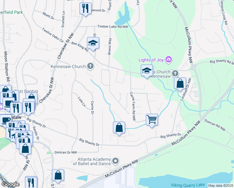 map of restaurants, bars, coffee shops, grocery stores, and more near 1030 Towne Manor Court Northwest in Kennesaw
