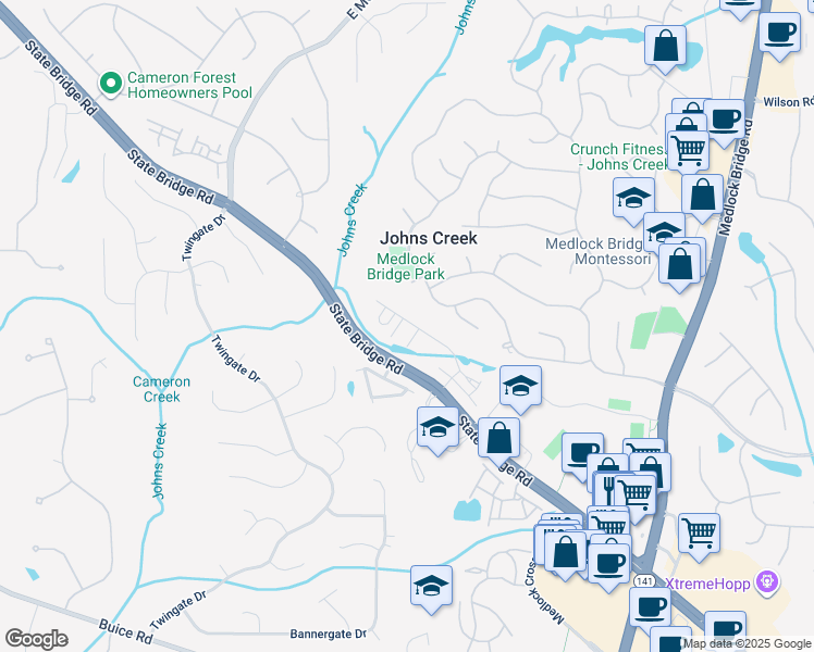 map of restaurants, bars, coffee shops, grocery stores, and more near 5433 State Bridge Road in Johns Creek