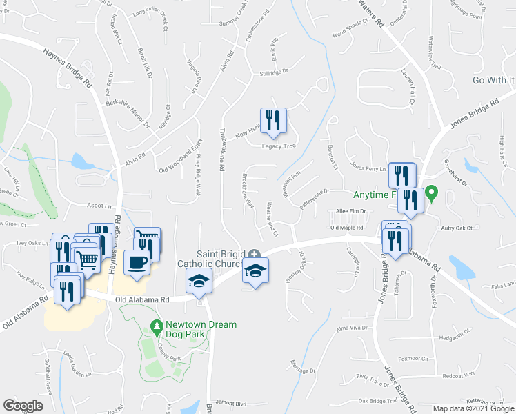 map of restaurants, bars, coffee shops, grocery stores, and more near 9050 Brockham Way in Alpharetta