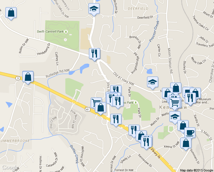map of restaurants, bars, coffee shops, grocery stores, and more near 2780 Saint Charles Lane Northwest in Kennesaw