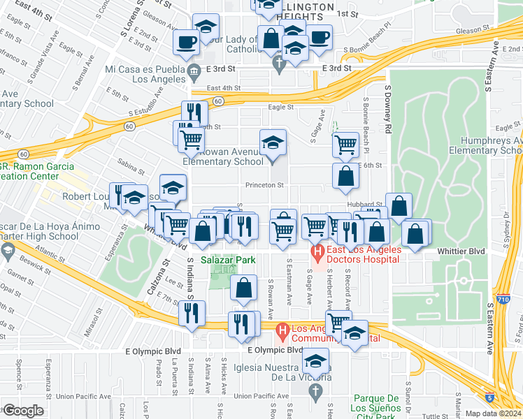map of restaurants, bars, coffee shops, grocery stores, and more near 3844 Hubbard Street in Los Angeles