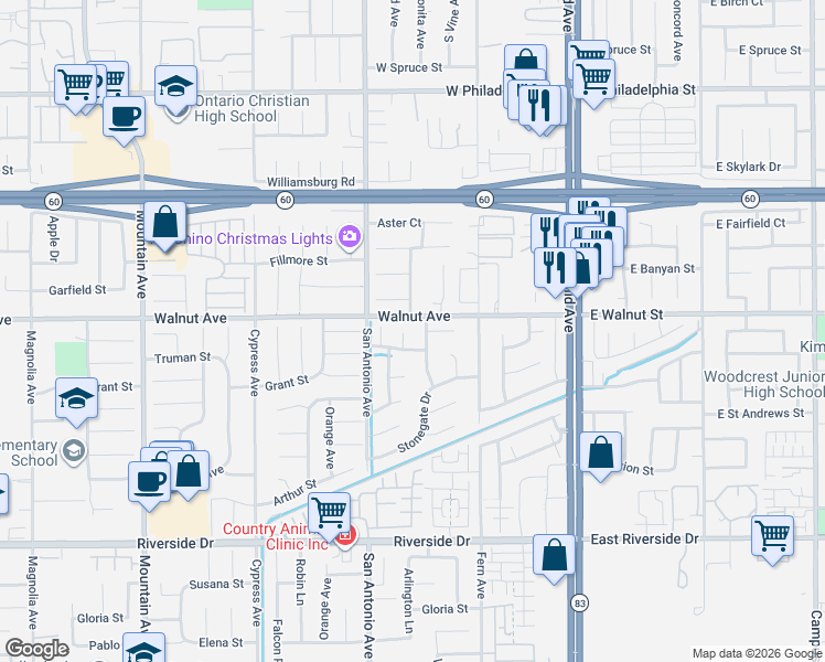 map of restaurants, bars, coffee shops, grocery stores, and more near 12530 Woodside Way in Chino