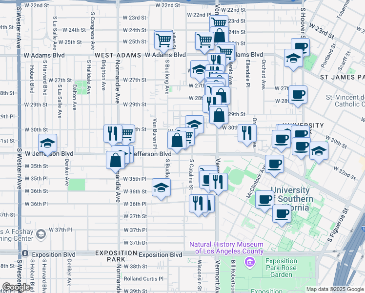 map of restaurants, bars, coffee shops, grocery stores, and more near 3110 Walton Avenue in Los Angeles