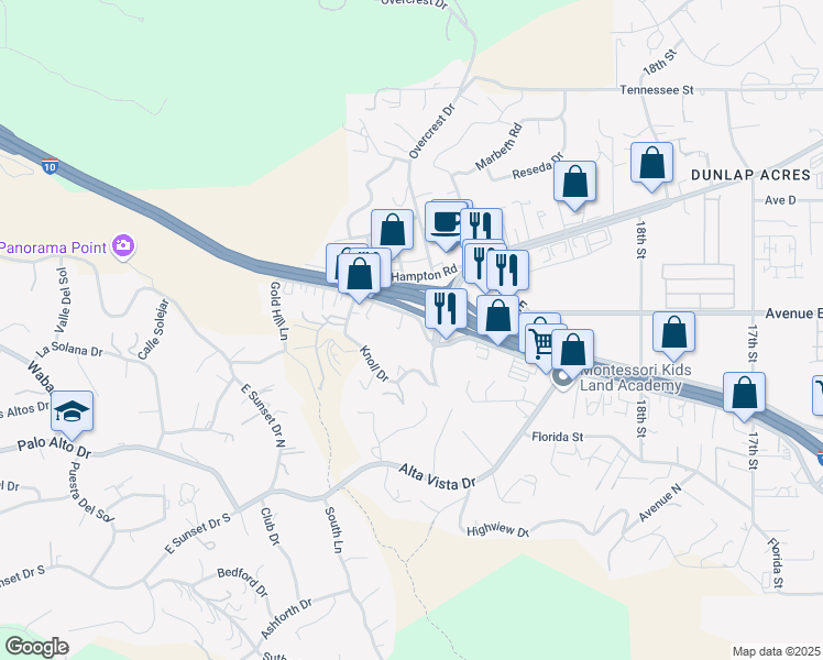 map of restaurants, bars, coffee shops, grocery stores, and more near 31305 Outer Highway 10 South in Yucaipa
