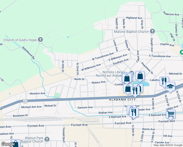 map of restaurants, bars, coffee shops, grocery stores, and more near 24 Sandusky Lane in Gadsden