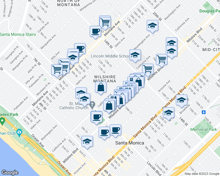 map of restaurants, bars, coffee shops, grocery stores, and more near 1042 11th Street in Santa Monica