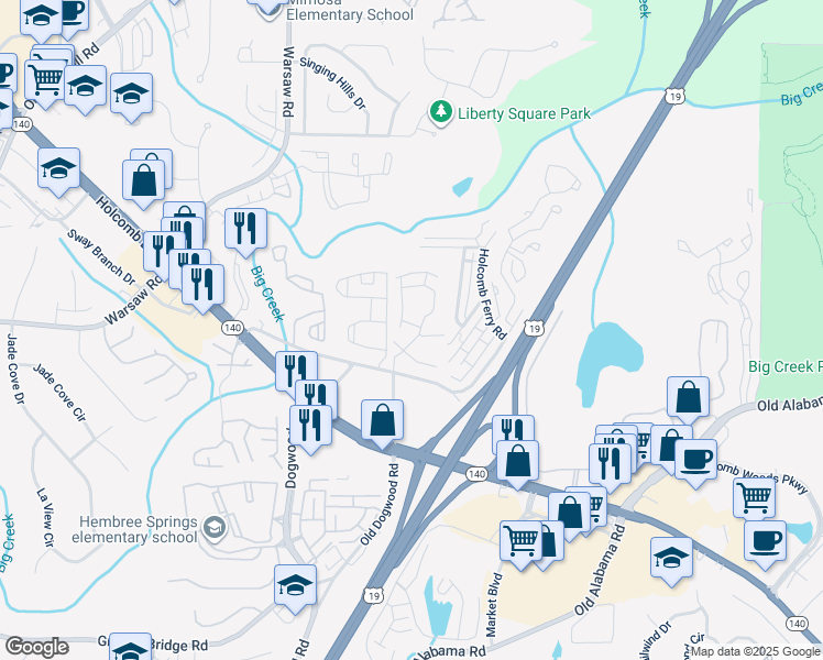 map of restaurants, bars, coffee shops, grocery stores, and more near 92 Old Holcomb Bridge Way in Roswell