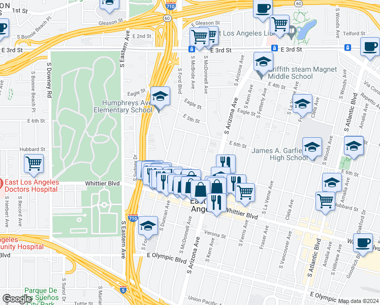 map of restaurants, bars, coffee shops, grocery stores, and more near 657 South McBride Avenue in East Los Angeles