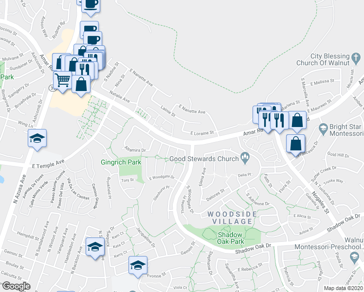map of restaurants, bars, coffee shops, grocery stores, and more near 1957 Greenleaf Drive in West Covina