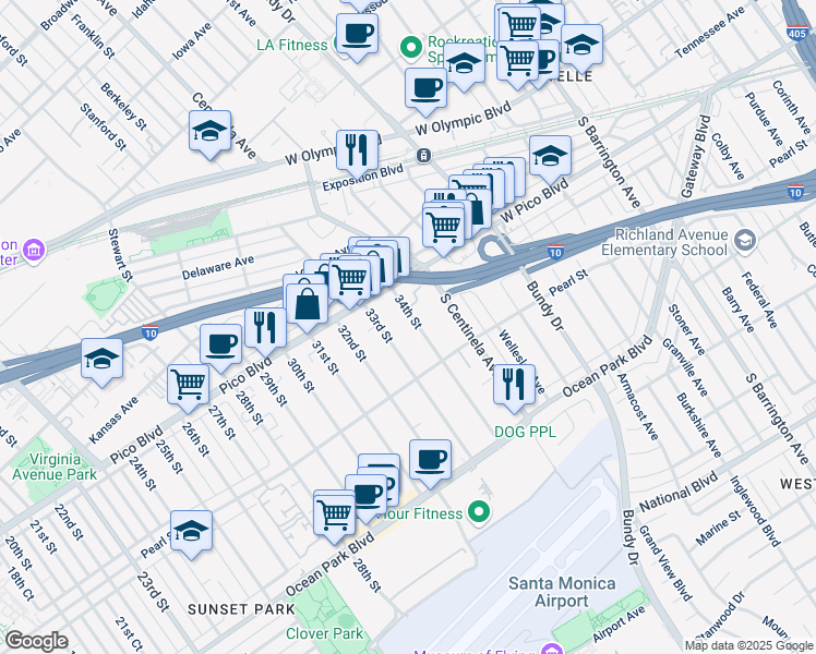 map of restaurants, bars, coffee shops, grocery stores, and more near in Santa Monica
