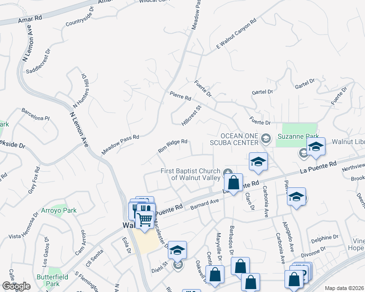 map of restaurants, bars, coffee shops, grocery stores, and more near 718 Deer Skin Lane in Walnut