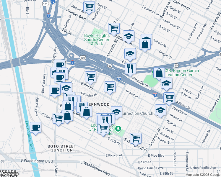 map of restaurants, bars, coffee shops, grocery stores, and more near 1142 Rosalind Avenue in Los Angeles