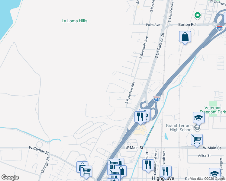 map of restaurants, bars, coffee shops, grocery stores, and more near 291 Coyote Drive in Colton
