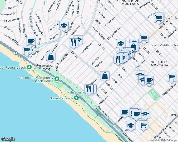 map of restaurants, bars, coffee shops, grocery stores, and more near 313 Alta Avenue in Santa Monica