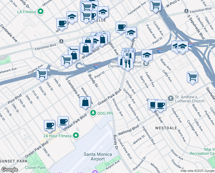 map of restaurants, bars, coffee shops, grocery stores, and more near 2564 Armacost Avenue in Los Angeles