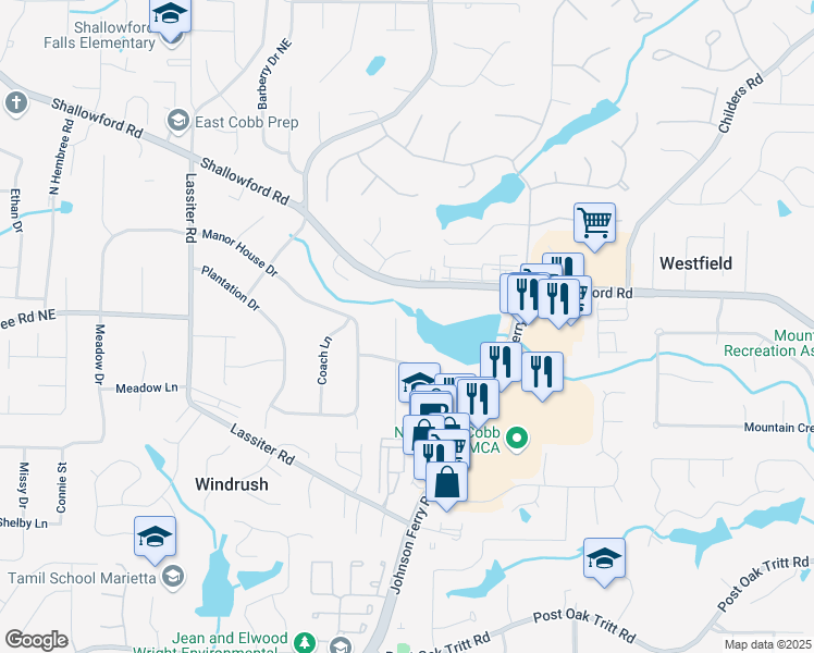 map of restaurants, bars, coffee shops, grocery stores, and more near 3120 Waterfront Circle in Marietta