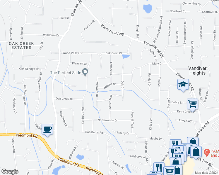 map of restaurants, bars, coffee shops, grocery stores, and more near 1672 Hillside Street in Marietta