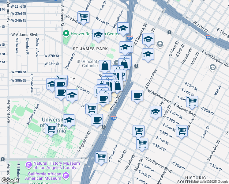 map of restaurants, bars, coffee shops, grocery stores, and more near 2800 South Figueroa Street in Los Angeles