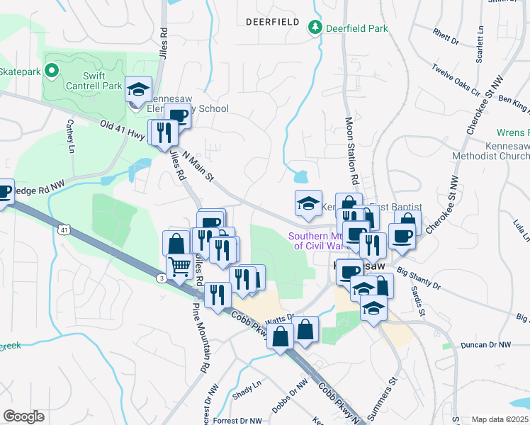 map of restaurants, bars, coffee shops, grocery stores, and more near 2995 Old 41 Highway Northwest in Kennesaw