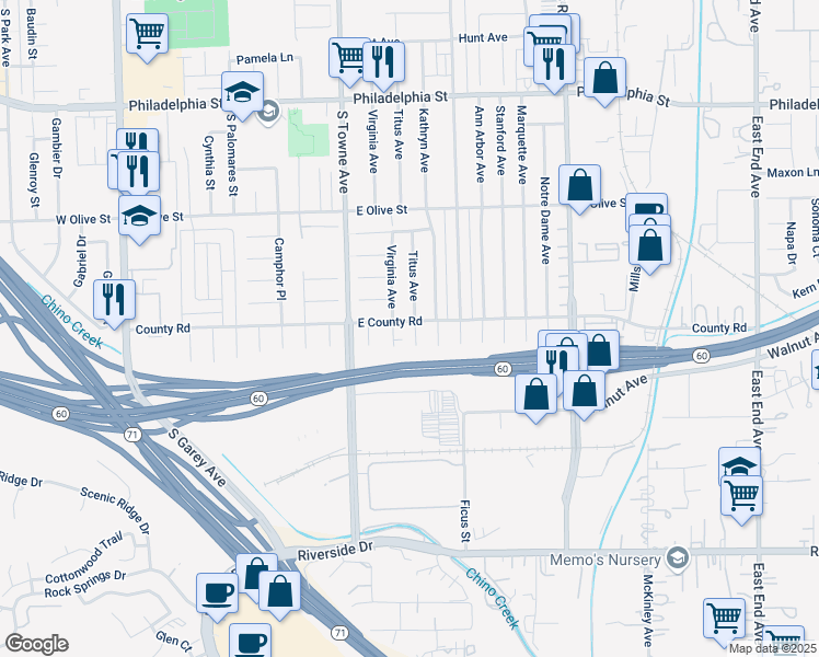 map of restaurants, bars, coffee shops, grocery stores, and more near 2507 Titus Avenue in Pomona