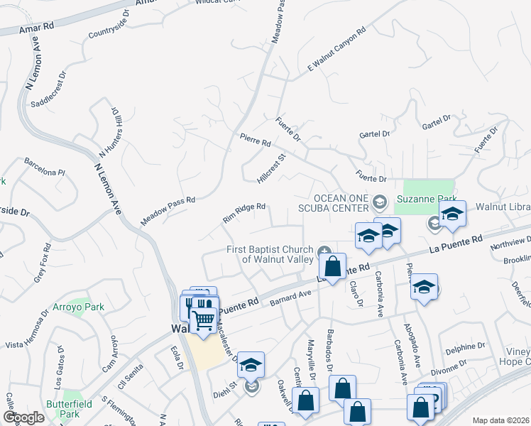 map of restaurants, bars, coffee shops, grocery stores, and more near 718 Deer Skin Lane in Walnut